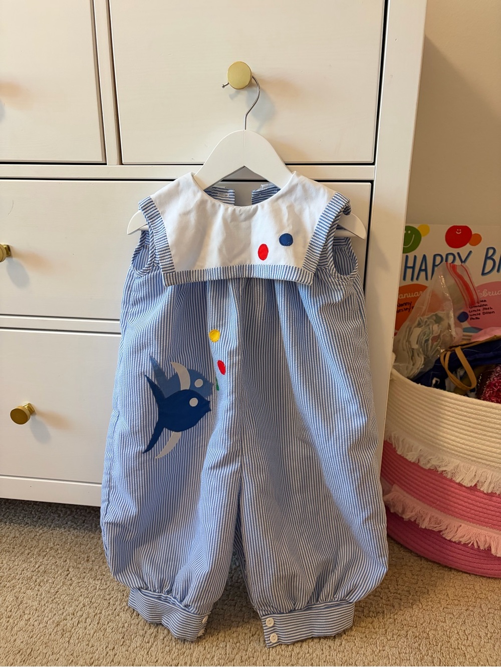 Jayne Copeland Fish Romper 3T Blue White Striped